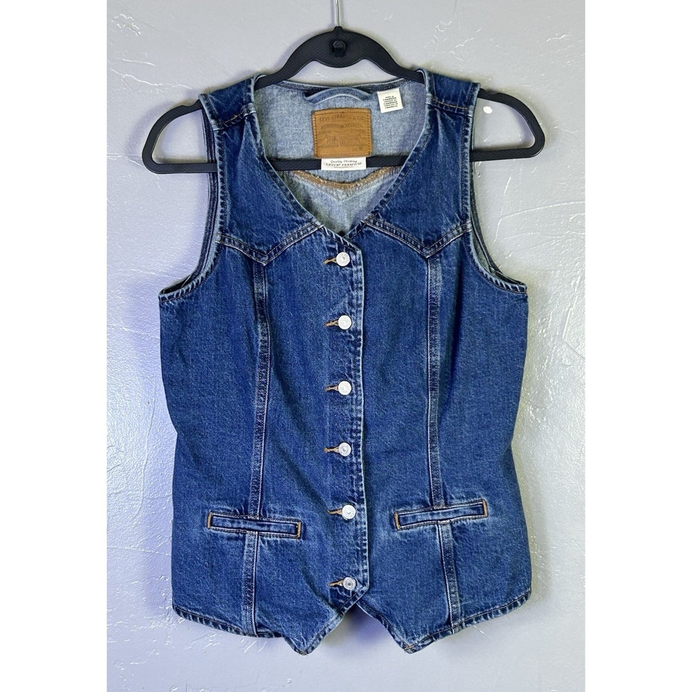 Women's Levi's Longline Denim Vest button-front closure & Western Yokes Med.